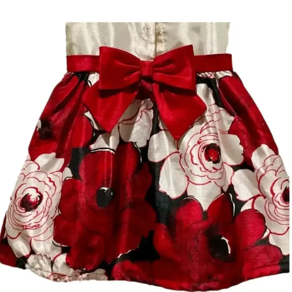 Gymboree Red Cream Floral Red Bow Dress Size 12/18 Month’s